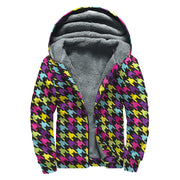 Colorful Houndstooth Pattern Print Sherpa Lined Zip Up Hoodie For Boho Hippie Autism