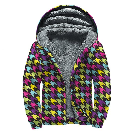 Colorful Houndstooth Pattern Print Sherpa Lined Zip Up Hoodie For Boho Hippie Autism