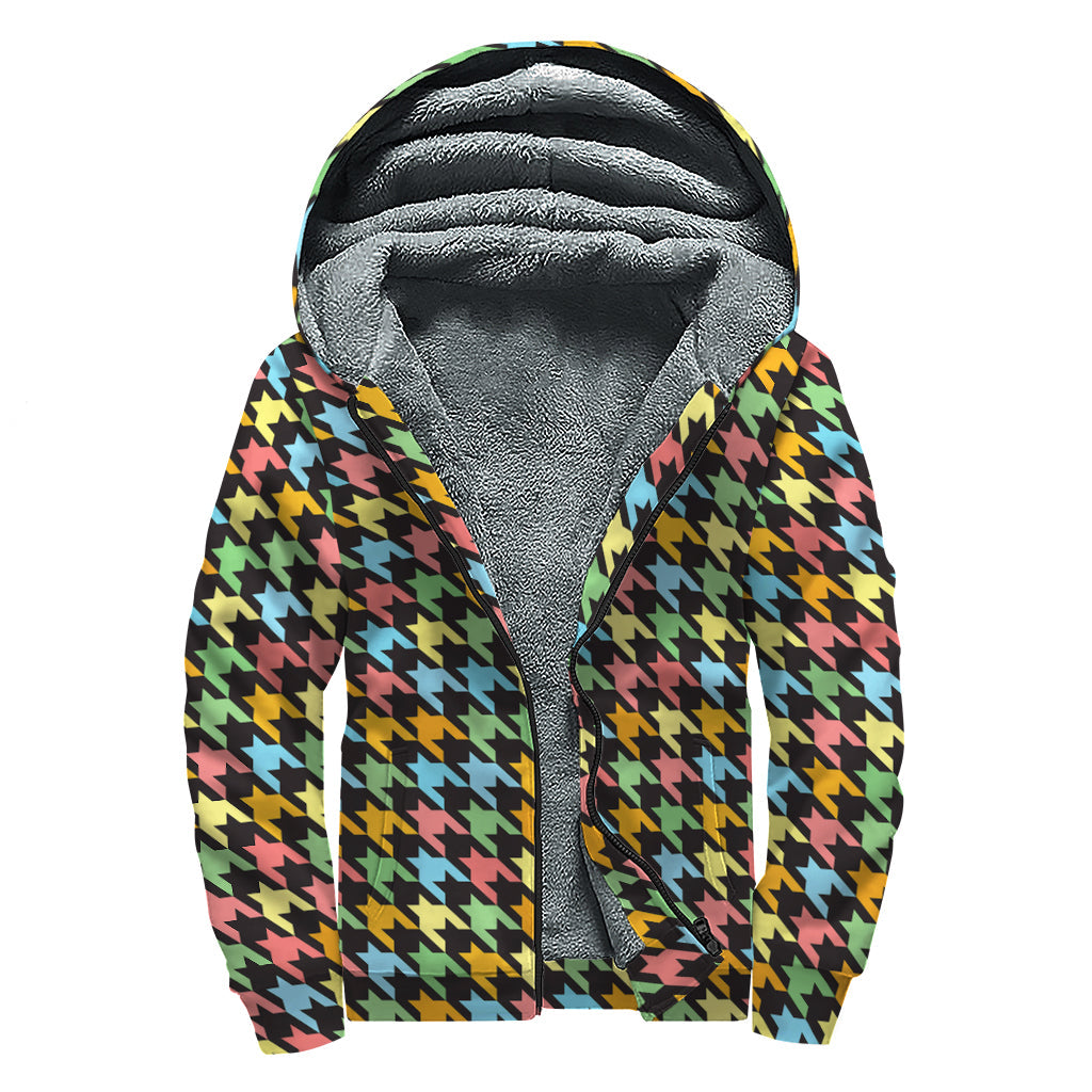 Colorful Houndstooth Print Sherpa Lined Zip Up Hoodie For Boho Hippie Autism