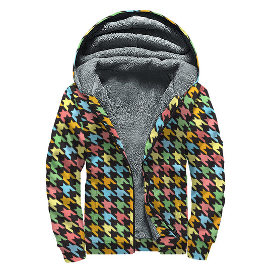 Colorful Houndstooth Print Sherpa Lined Zip Up Hoodie For Boho Hippie Autism