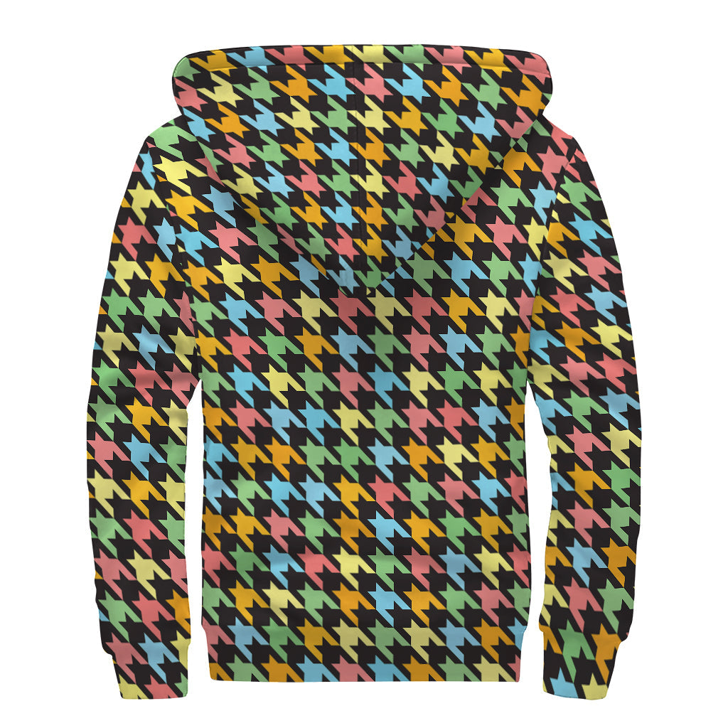 Colorful Houndstooth Print Sherpa Lined Zip Up Hoodie For Boho Hippie Autism