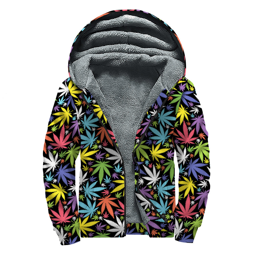 Colorful Weed Leaf Pattern Print Sherpa Lined Zip Up Hoodie For Boho Hippie