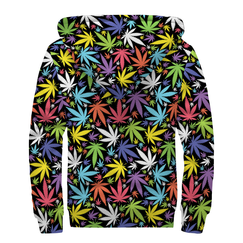 Colorful Weed Leaf Pattern Print Sherpa Lined Zip Up Hoodie For Boho Hippie