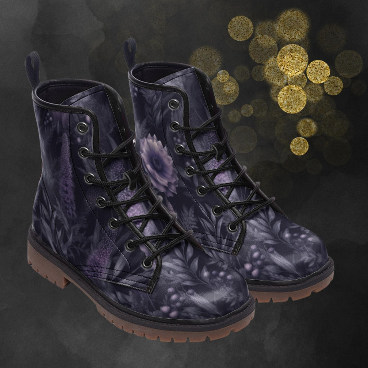 Hippie Art Zone - Dark Mystic Lavender Flower Combat Boots