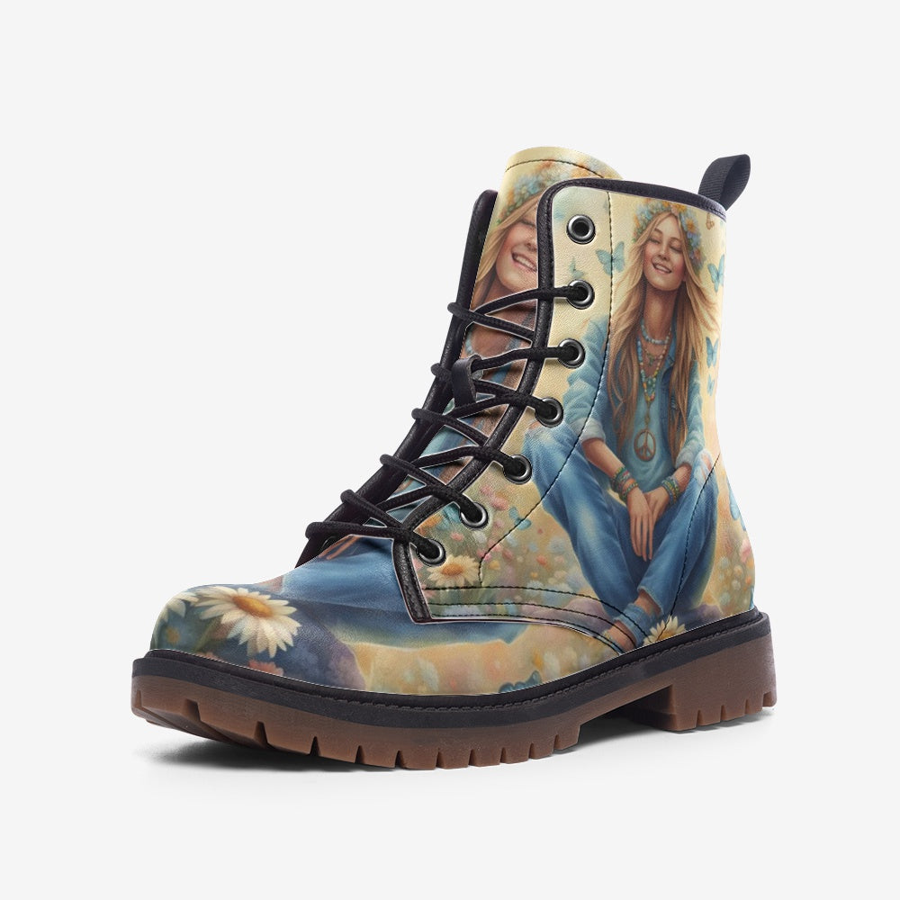 Hippie Art Zone - Peaceful Mind, Peaceful Life, Bohemian Woman Casual Leather Lightweight Boots For Hippies