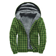 Deep Green Houndstooth Pattern Print Sherpa Lined Zip Up Hoodie For Boho Hippie Autism