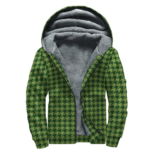 Deep Green Houndstooth Pattern Print Sherpa Lined Zip Up Hoodie For Boho Hippie Autism