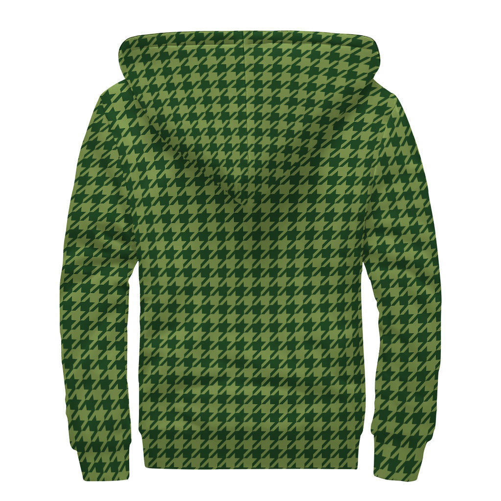 Deep Green Houndstooth Pattern Print Sherpa Lined Zip Up Hoodie For Boho Hippie Autism