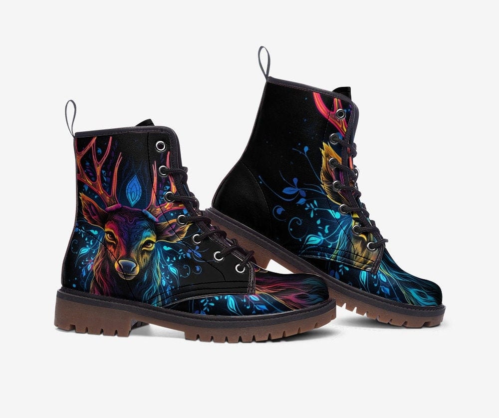 Hippie Art Zone - Deer Combat Boots, Neon Glowing, Vegan Leather