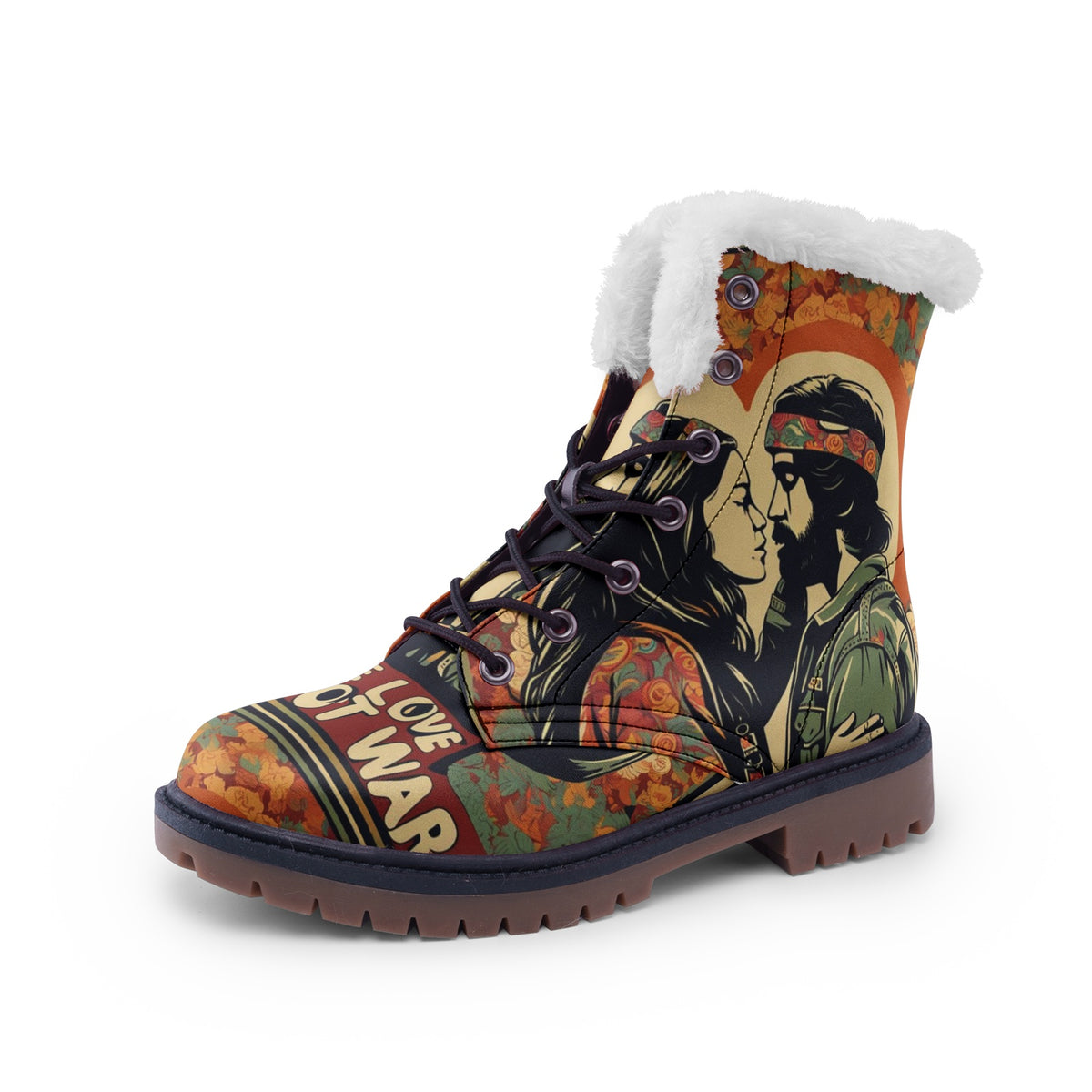 Hippie Art Zone - Love Not War Faux Fur Leather Boots For Hippie