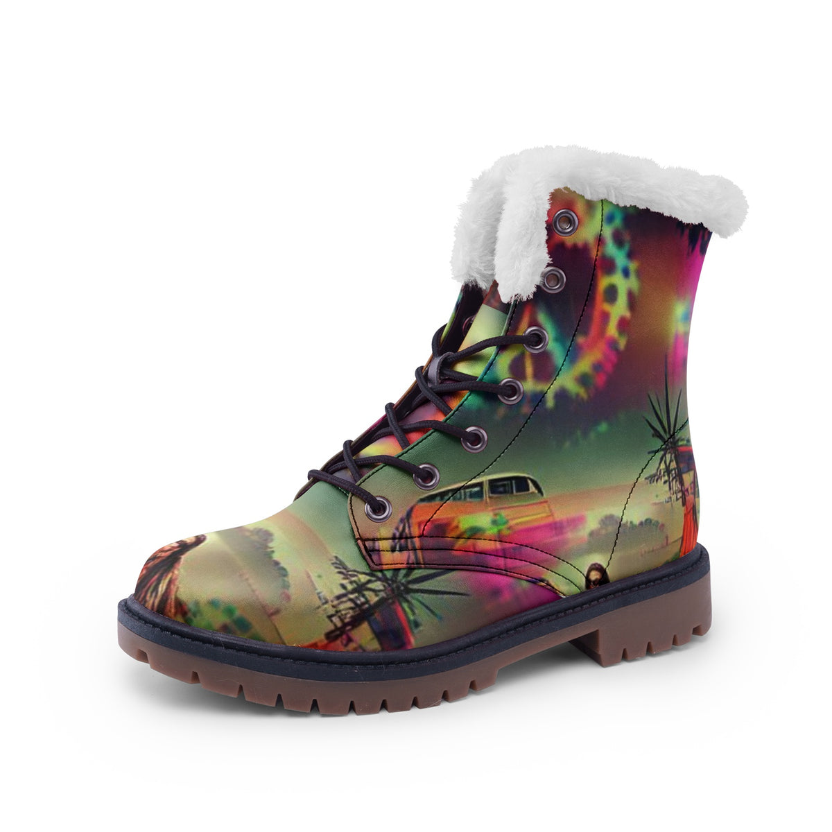 Hippie Art Zone - Abstract Hippie Faux Fur Leather Boots