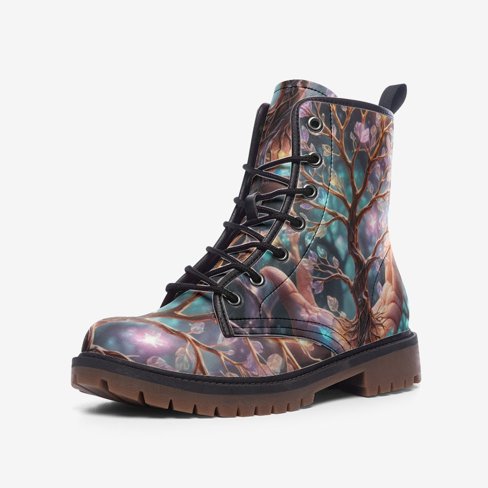 Hippie Art Zone - Tree of Life Hand Vegan Leather Boots, Boho Hippie Style