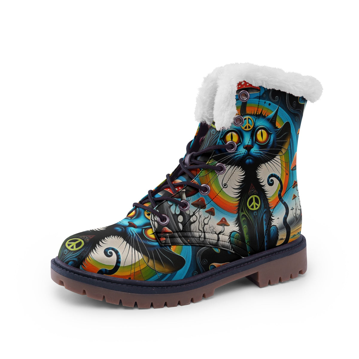 Hippie Art Zone - Cats And Mushrooms Faux Fur Leather Boots For Hippie