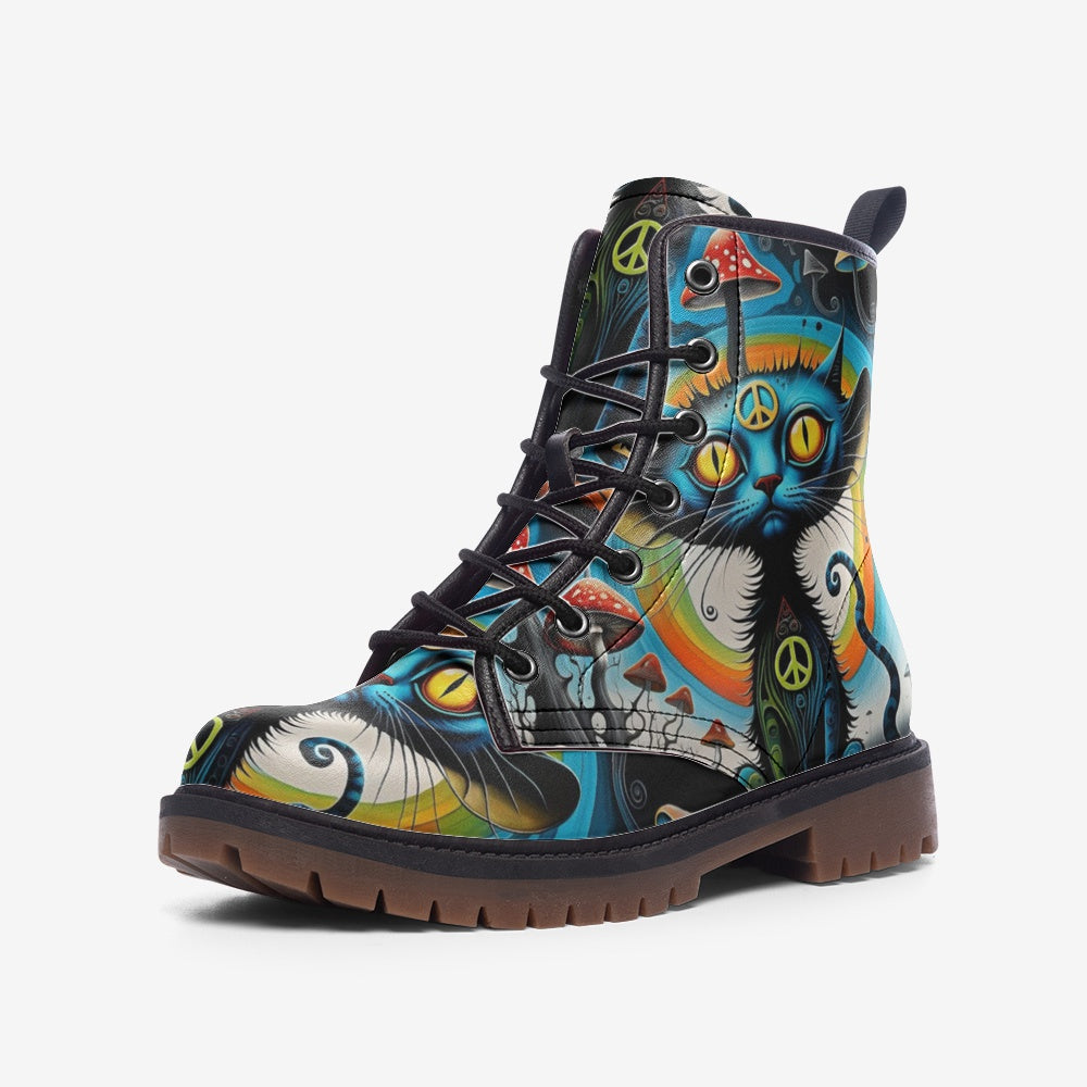 Hippie Art Zone - Hippie Cat &amp; Psychedelic Mushroom Vegan Leather Boots