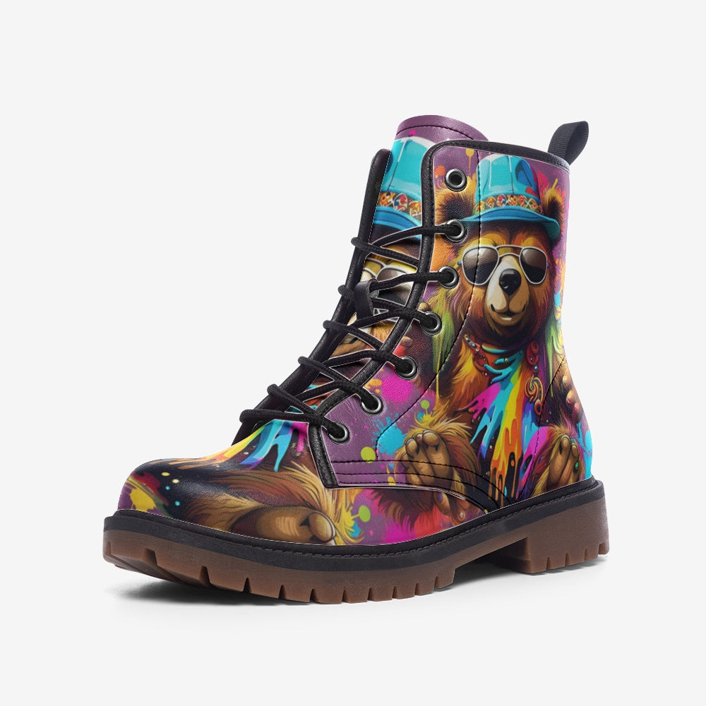 Hippie Art Zone - Cool Bear With Glasses Casual Leather Lightweight Boots