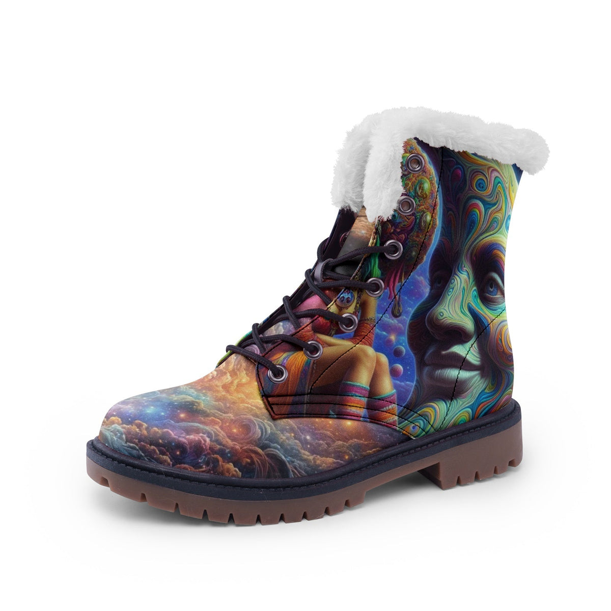 Hippie Art Zone - Smiling Moon Boho Faux Fur Leather Boots, Unique Bohemian Style Footwear