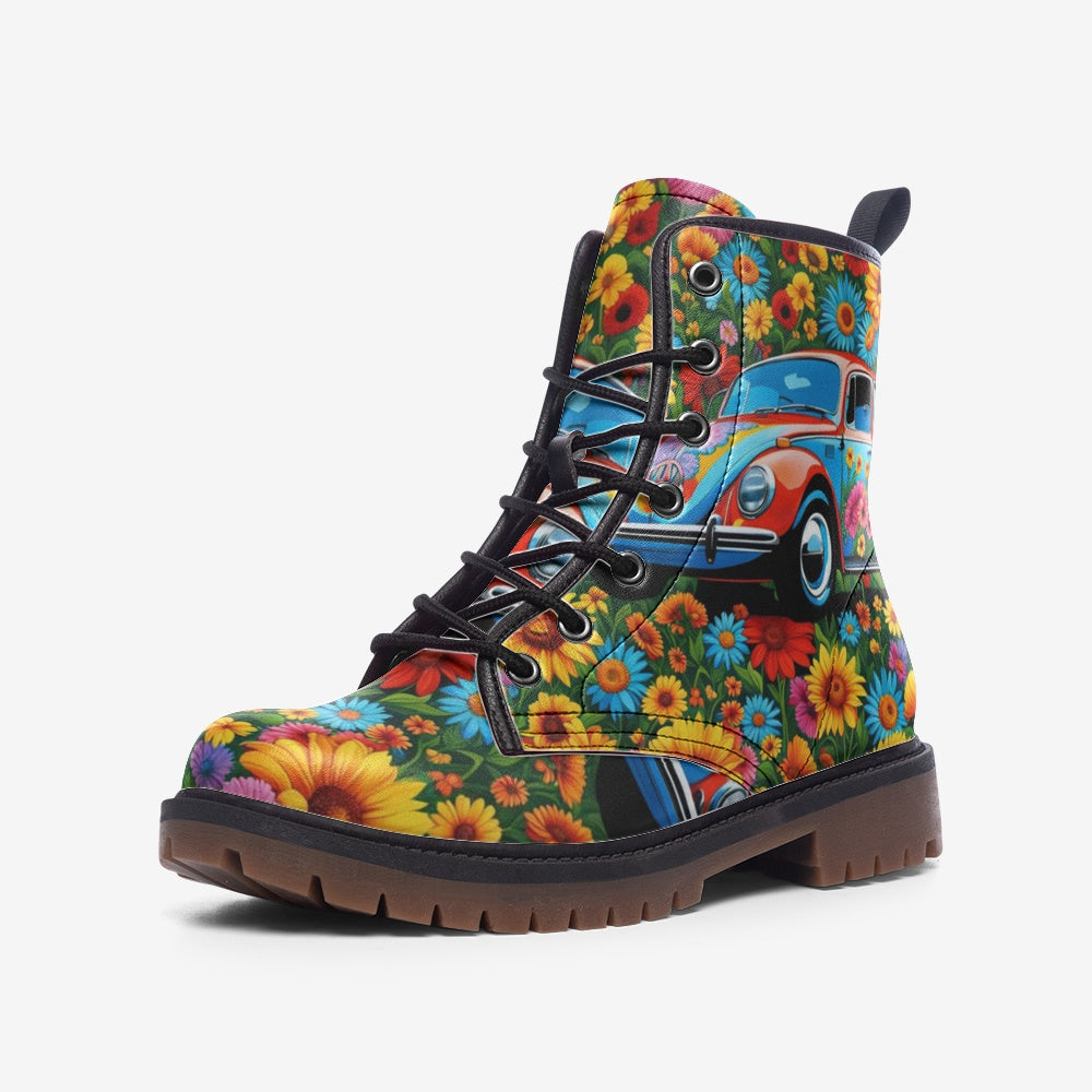 Hippie Art Zone - Volkswagen Beetle, Flower Shower Casual Leather Lightweight Boots For Hippies