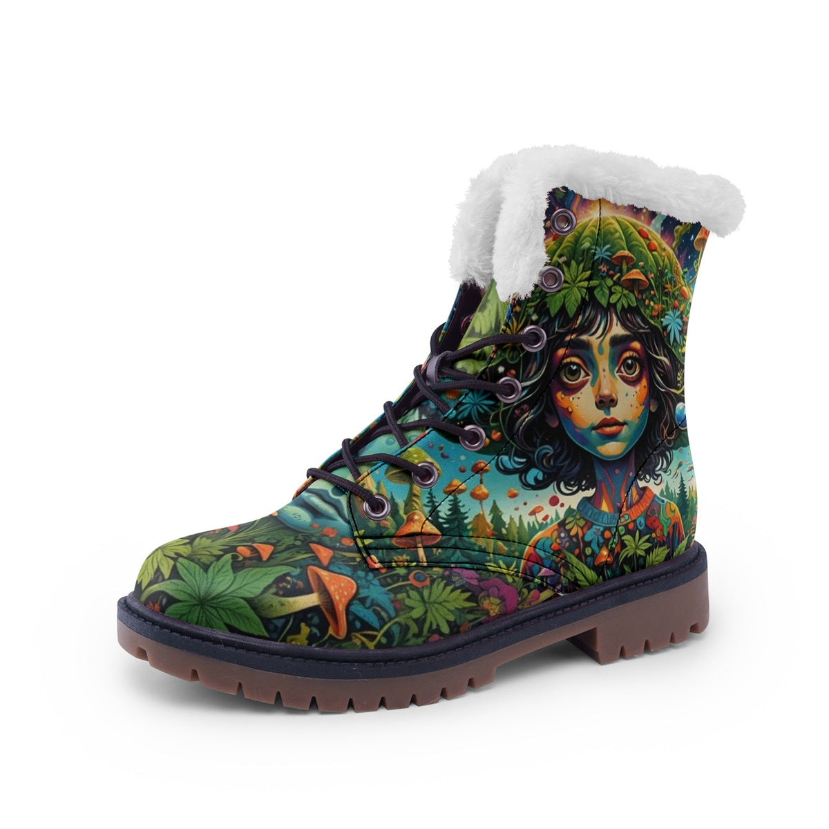 Hippie Art Zone - Forest Girl &amp; Magic Mushrooms Faux Fur Leather Boots ? Nature-Loving Hippie Style