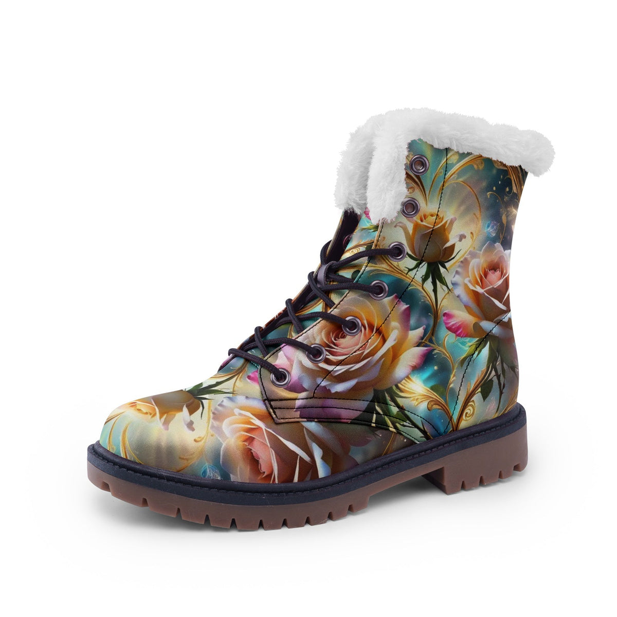 Hippie Art Zone - Boho Rose Faux Fur Leather Boots for Nature-Loving Hippies