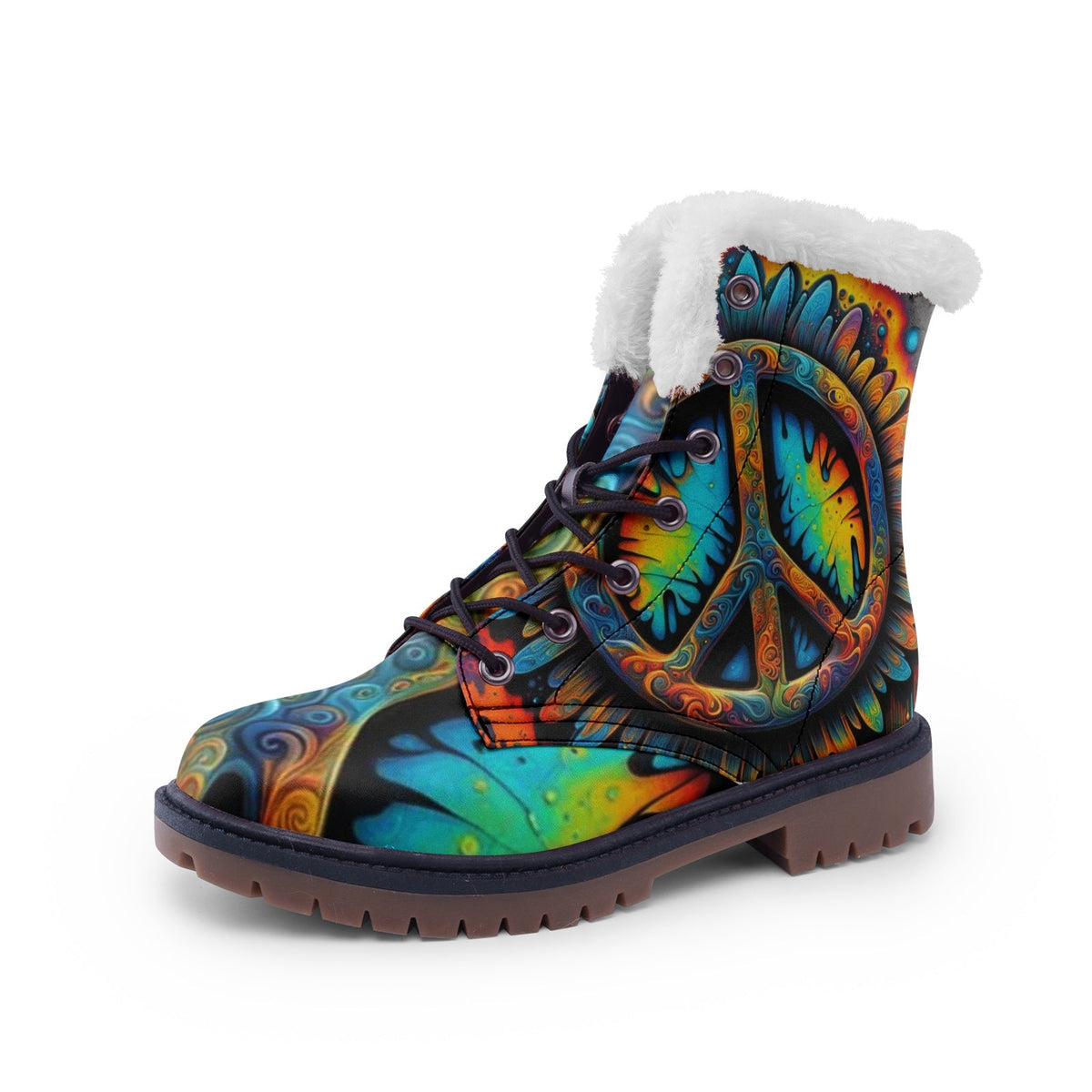 Hippie Art Zone - Faux Fur Leather Boots With Colorful Hippie Symbols ? Boots For The True Hippie