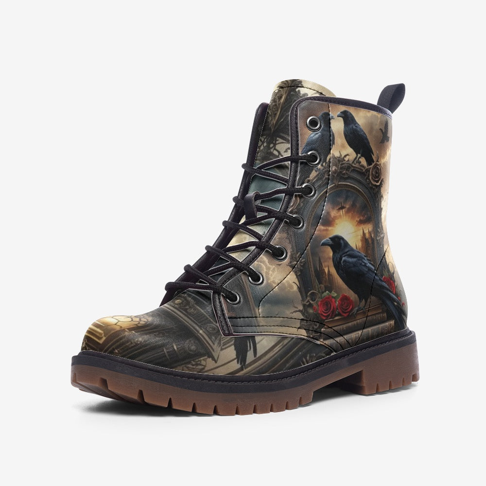 Hippie Art Zone - Witchy Raven & Rose Vegan Leather Boots, Hippie Goth Style