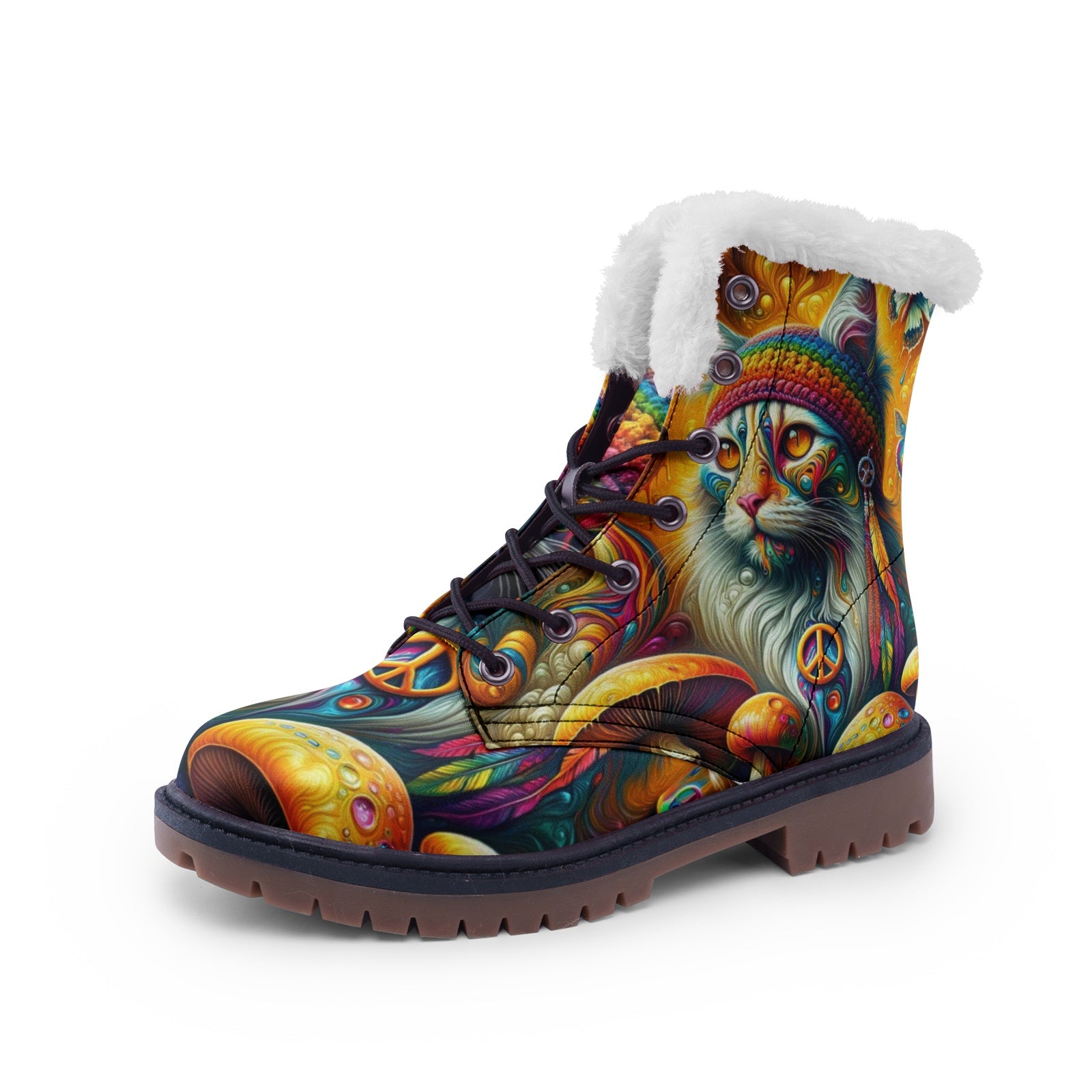 Hippie Art Zone - Cat & Mushroom Colorful Leather Boots For Hippies