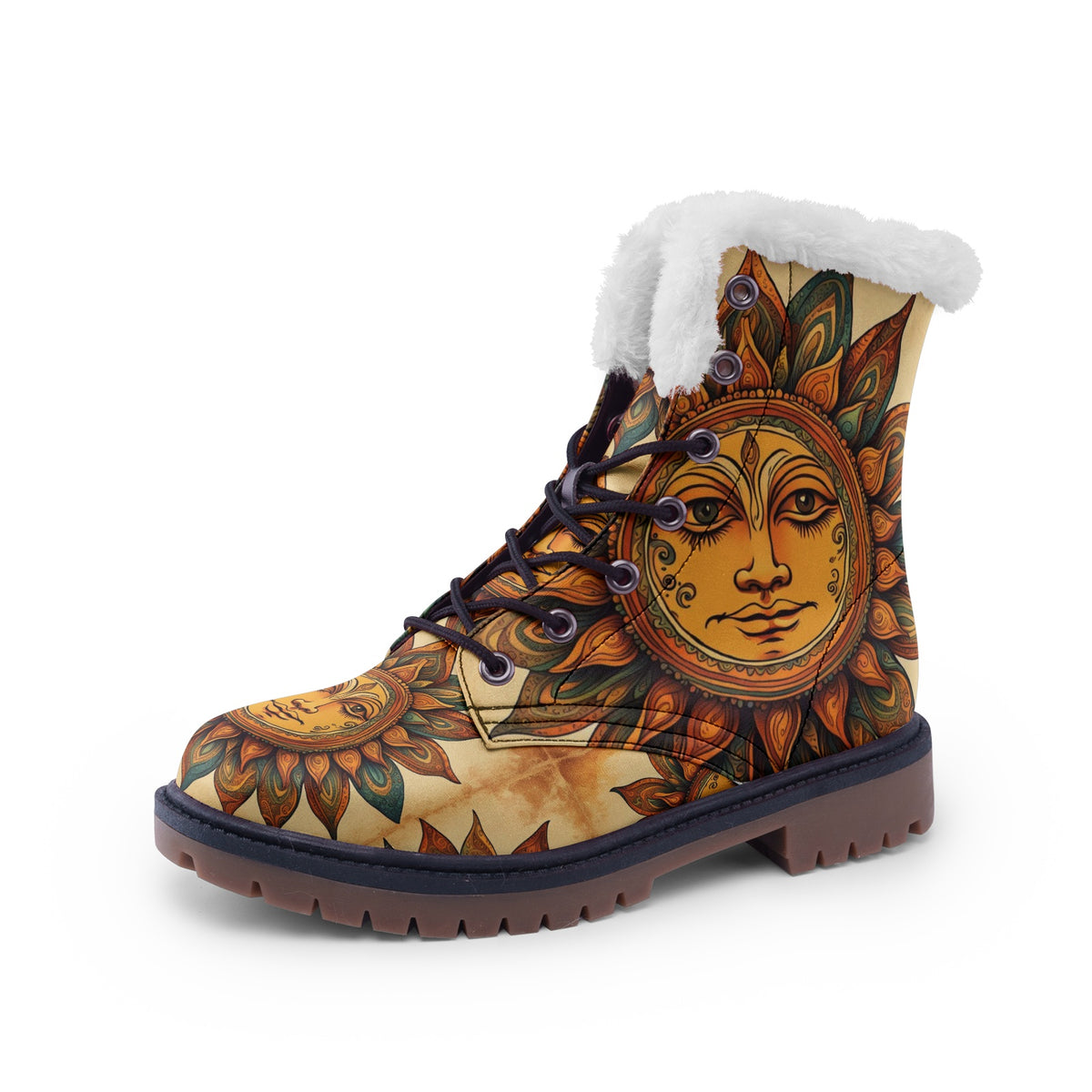 Hippie Art Zone - Boho Sunflower Faux Fur Leather Boots For Hippie