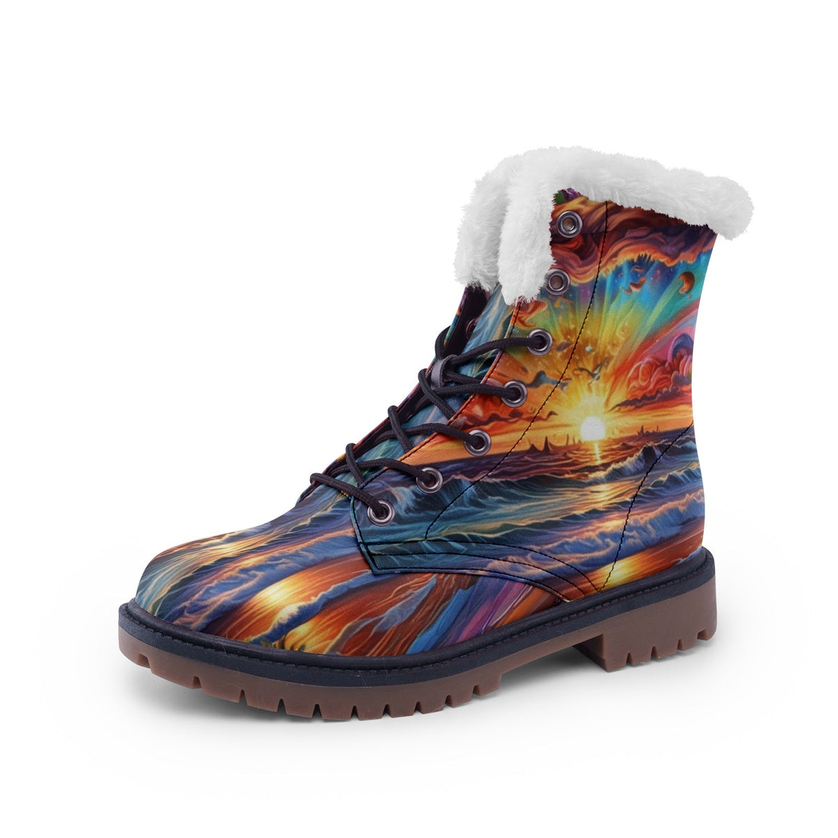 Hippie Art Zone - Colorful Sunset Beach Faux Fur Leather Boots, Vibrant Hippie Style Footwear