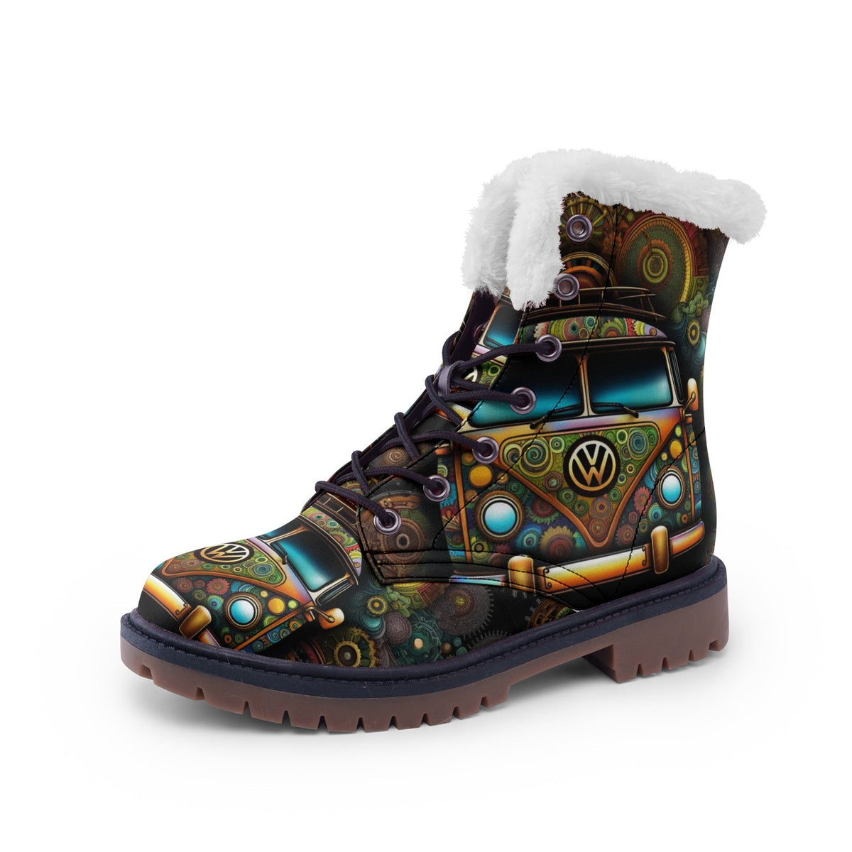 Hippie Art Zone - Hippie Bus Printed Faux Fur Boots, Stylish and Creative