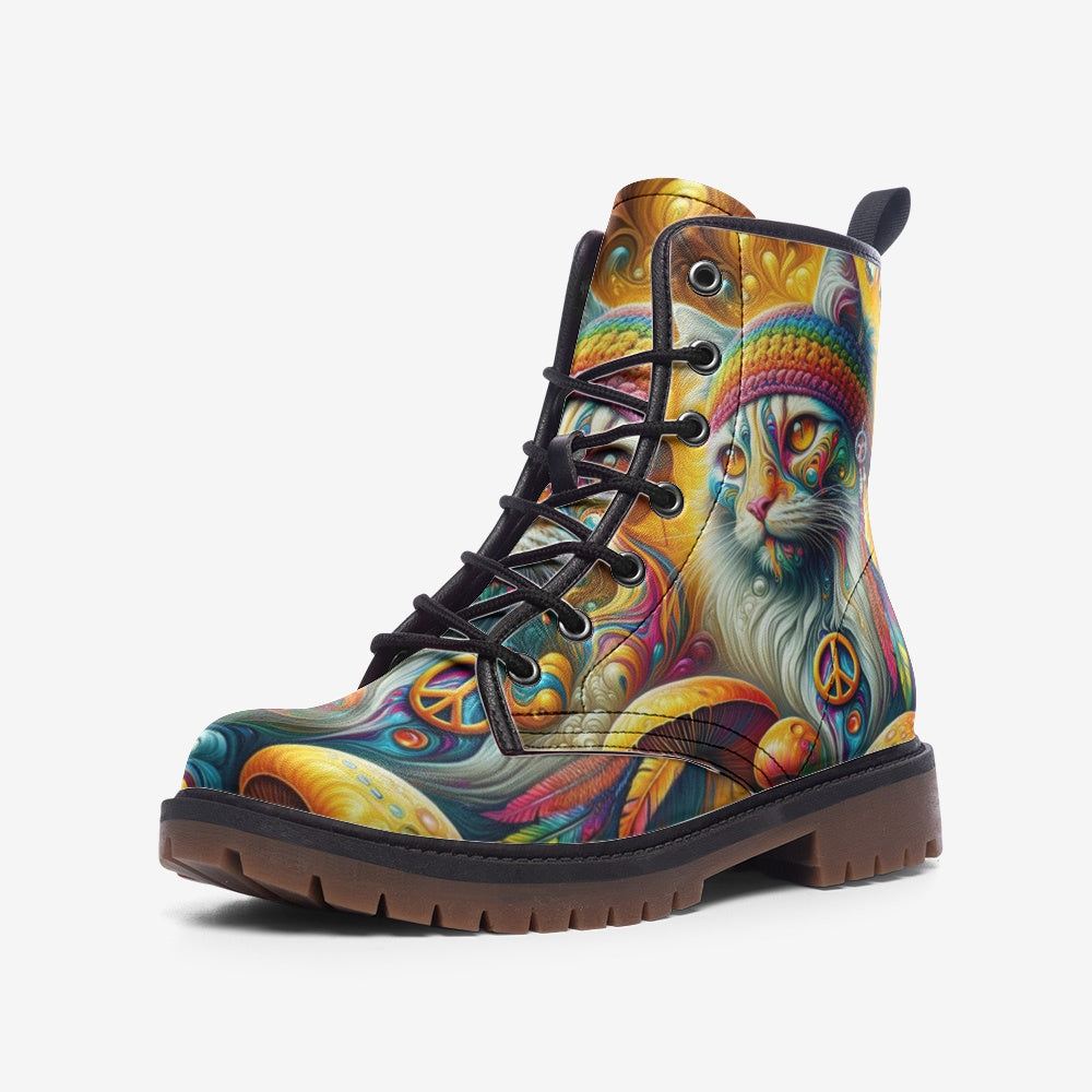 Hippie Art Zone - Hippie Cat &amp; Mushroom Vegan Leather Combat Boots