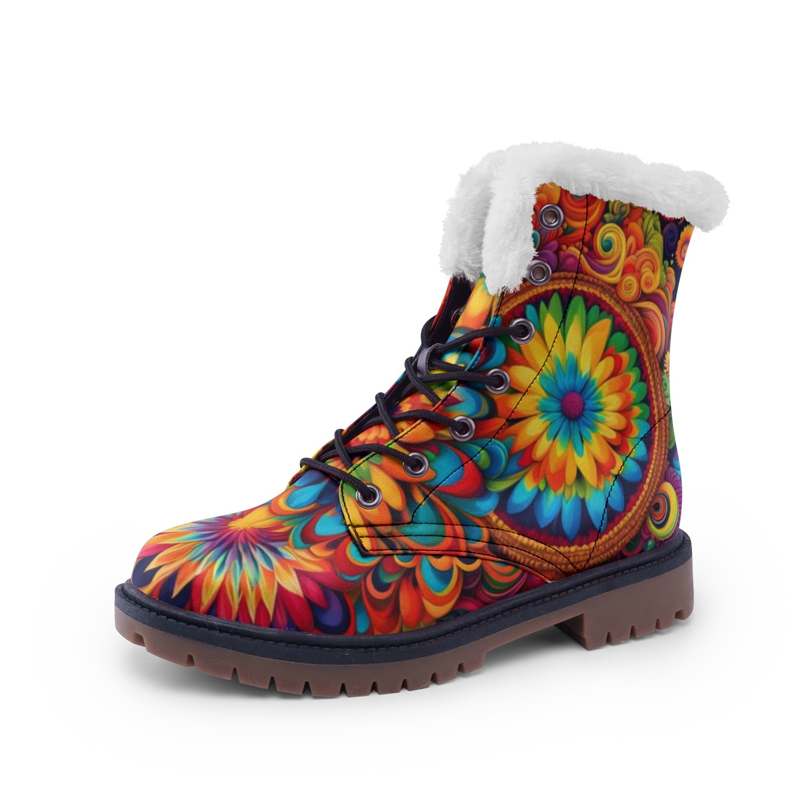Hippie Art Zone - Colorful Floral Faux Fur Leather Boots For Hippie