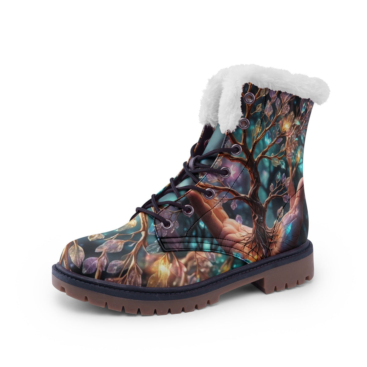 Hippie Art Zone - Colorful Tree of Life Faux Fur Leather Boots for Free-Spirited Hippies