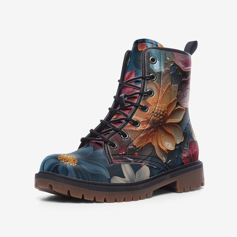 Hippie Art Zone - Big Floral Casual Faux Leather Lightweight Boots | Unique Boots For Hippies