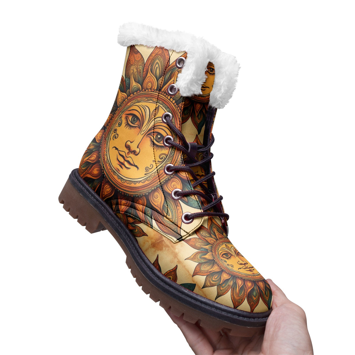 Hippie Art Zone - Boho Sunflower Faux Fur Leather Boots For Hippie