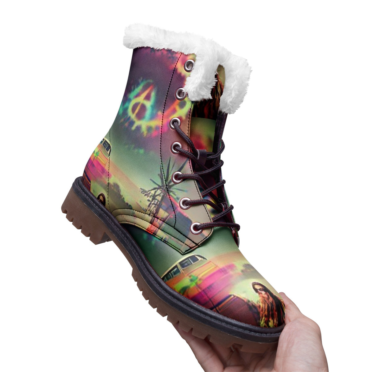 Hippie Art Zone - Abstract Hippie Faux Fur Leather Boots