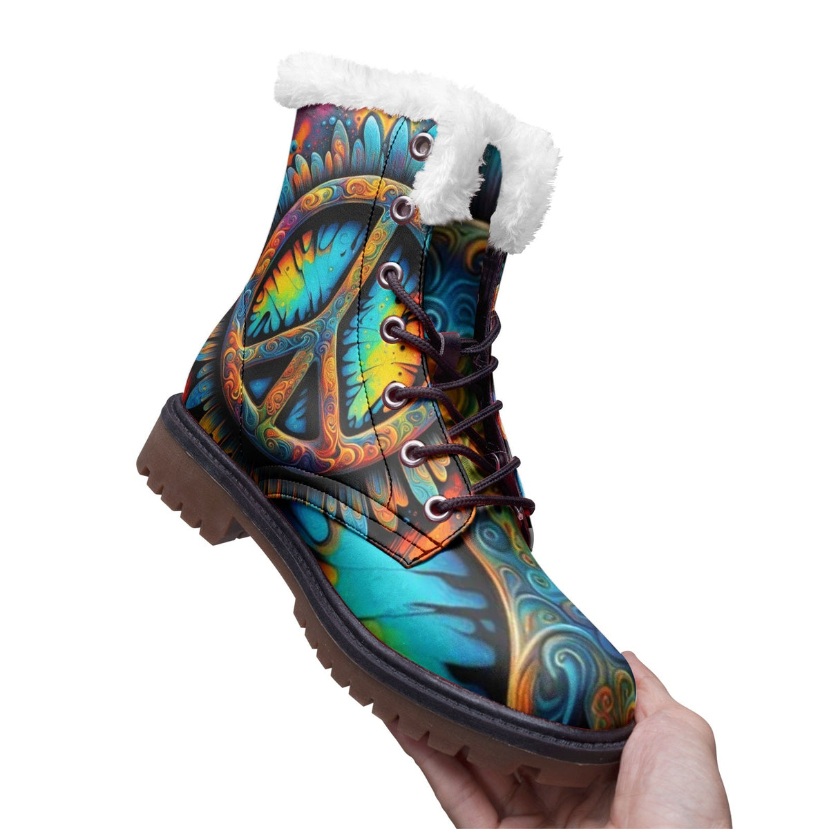 Hippie Art Zone - Faux Fur Leather Boots With Colorful Hippie Symbols ? Boots For The True Hippie