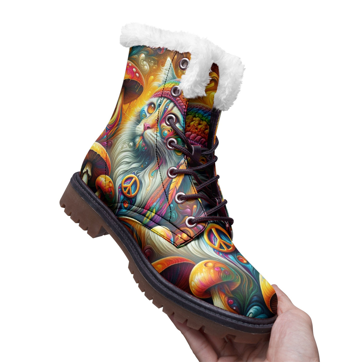 Hippie Art Zone - Cat &amp; Mushroom Colorful Leather Boots For Hippies