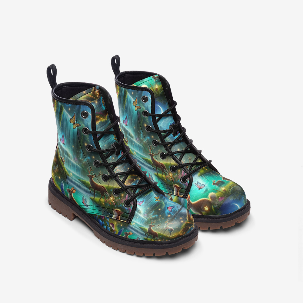 Hippie Art Zone - Waterfall Forest Vegan Leather Boots, Nature Lovers Hippie Style