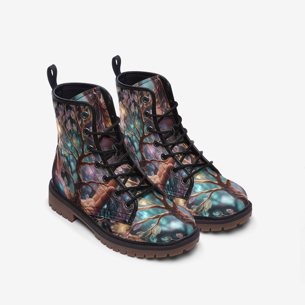 Hippie Art Zone - Tree of Life Hand Vegan Leather Boots, Boho Hippie Style