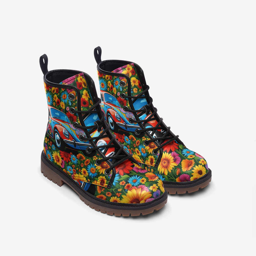 Hippie Art Zone - Volkswagen Beetle, Flower Shower Casual Leather Lightweight Boots For Hippies