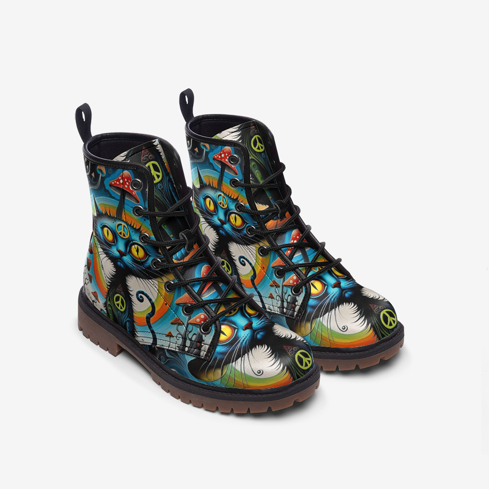 Hippie Art Zone - Hippie Cat &amp; Psychedelic Mushroom Vegan Leather Boots