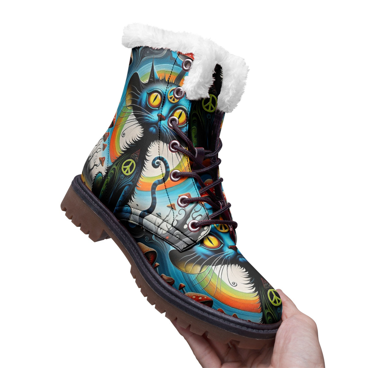 Hippie Art Zone - Cats And Mushrooms Faux Fur Leather Boots For Hippie