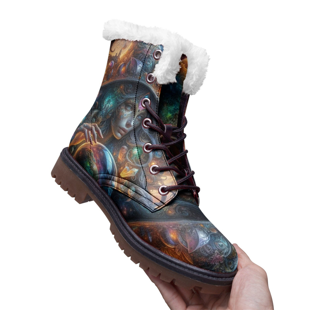 Hippie Art Zone - Galaxy Witch Faux Fur Leather Boots for Mystical Hippies