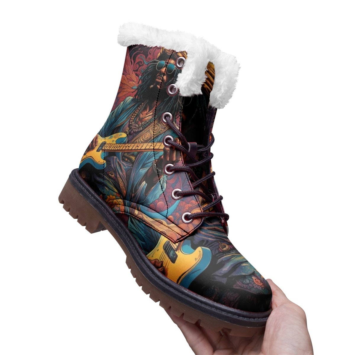 Hippie Art Zone - Hippie Faux Fur Leather Boots For Music Lovers and Free Spirits