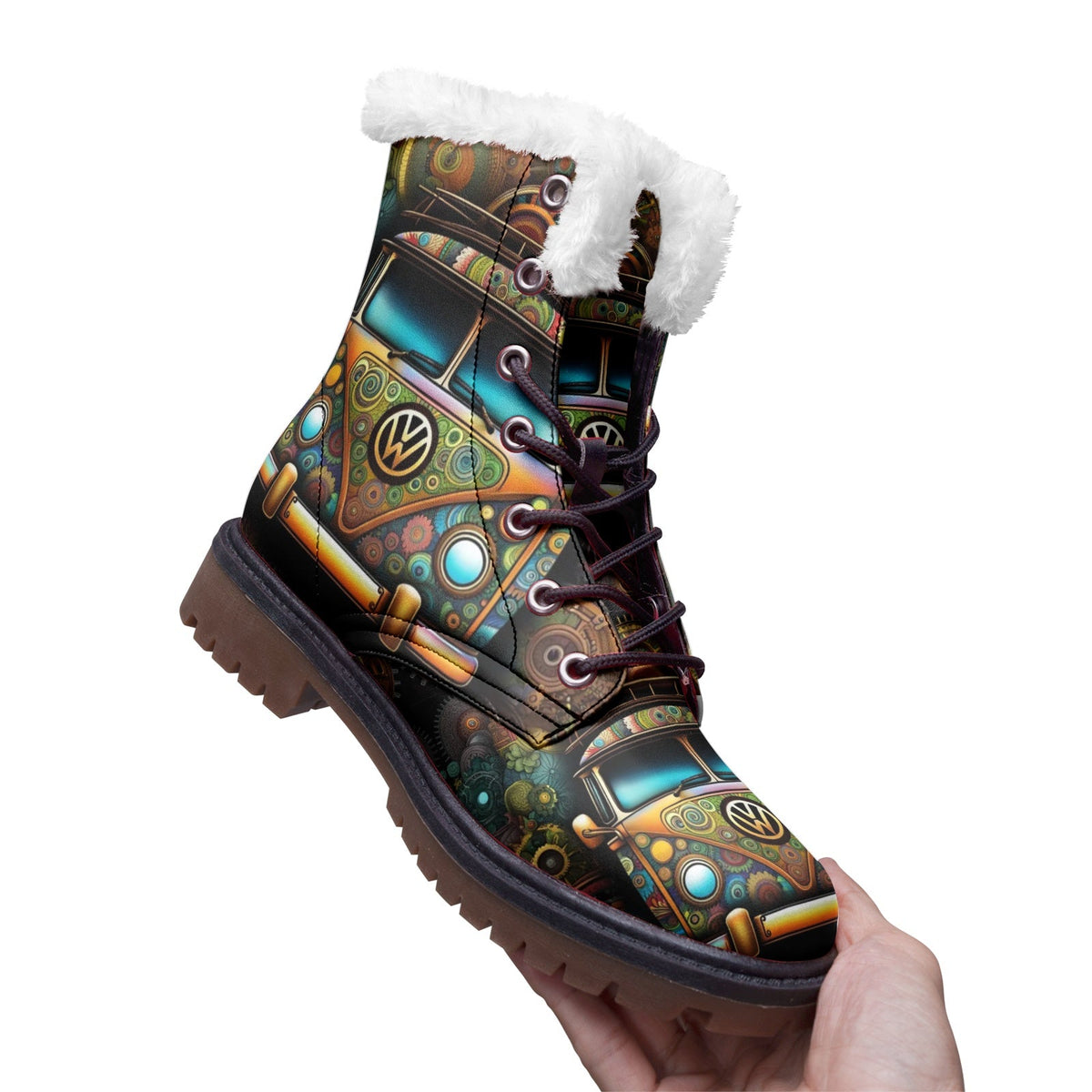 Hippie Art Zone - Hippie Bus Printed Faux Fur Boots, Stylish and Creative