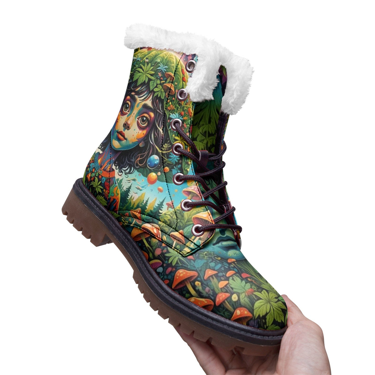 Hippie Art Zone - Forest Girl &amp; Magic Mushrooms Faux Fur Leather Boots ? Nature-Loving Hippie Style