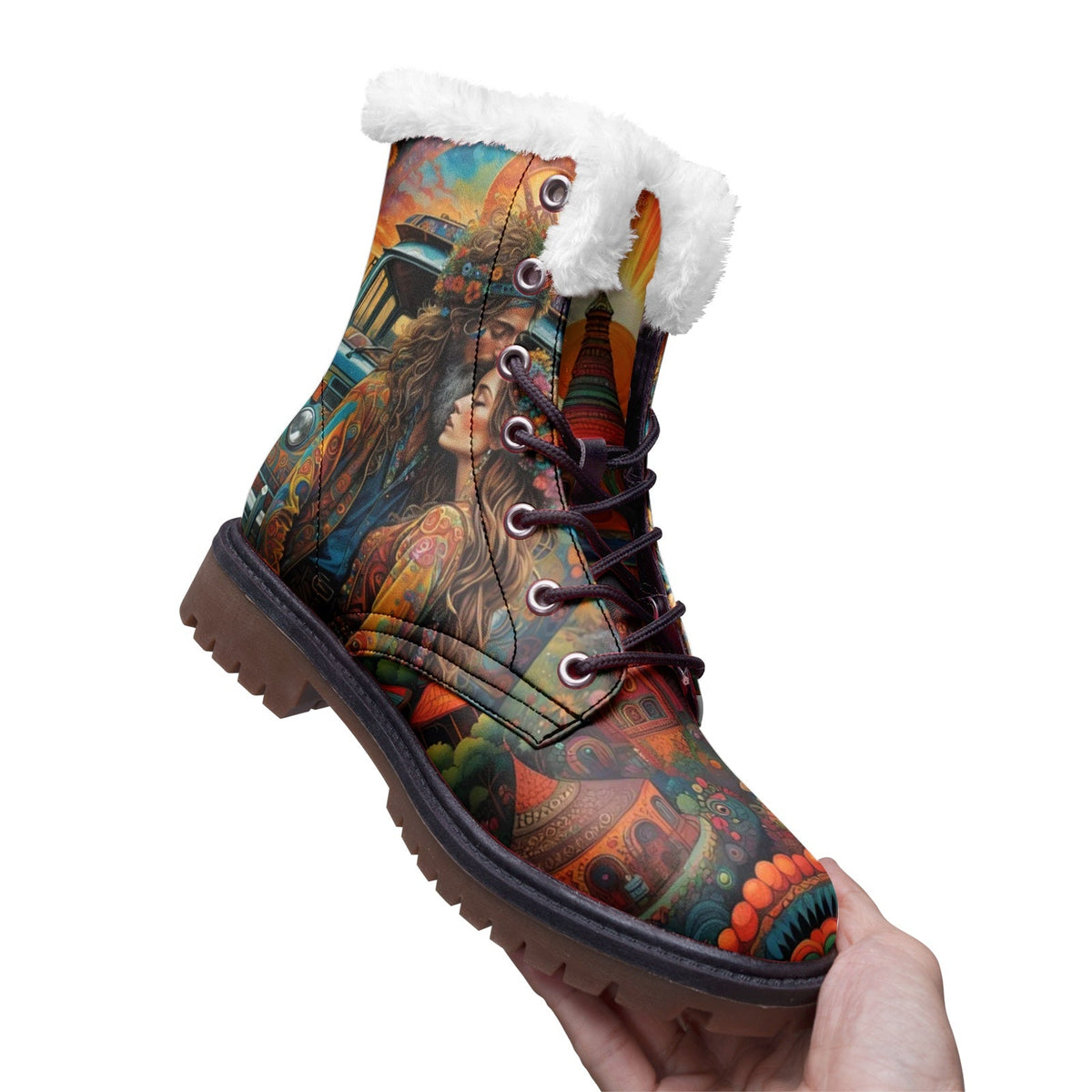 Hippie Art Zone - Hippie Love Faux Fur Leather Boots ? Colors of Love and Freedom