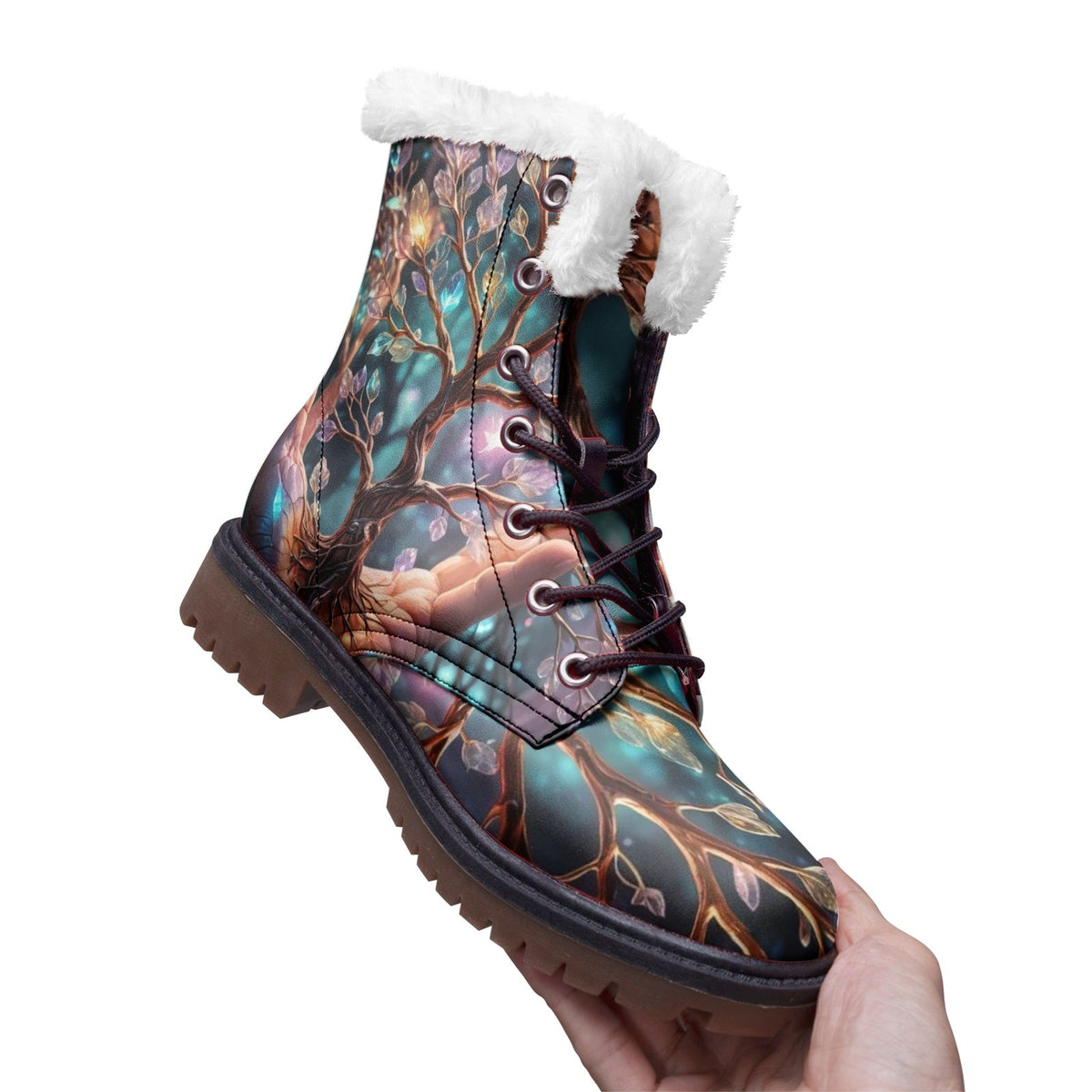 Hippie Art Zone - Colorful Tree of Life Faux Fur Leather Boots for Free-Spirited Hippies