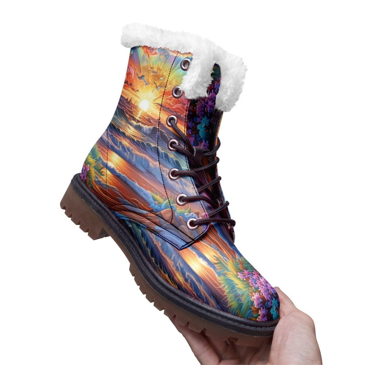 Hippie Art Zone - Colorful Sunset Beach Faux Fur Leather Boots, Vibrant Hippie Style Footwear