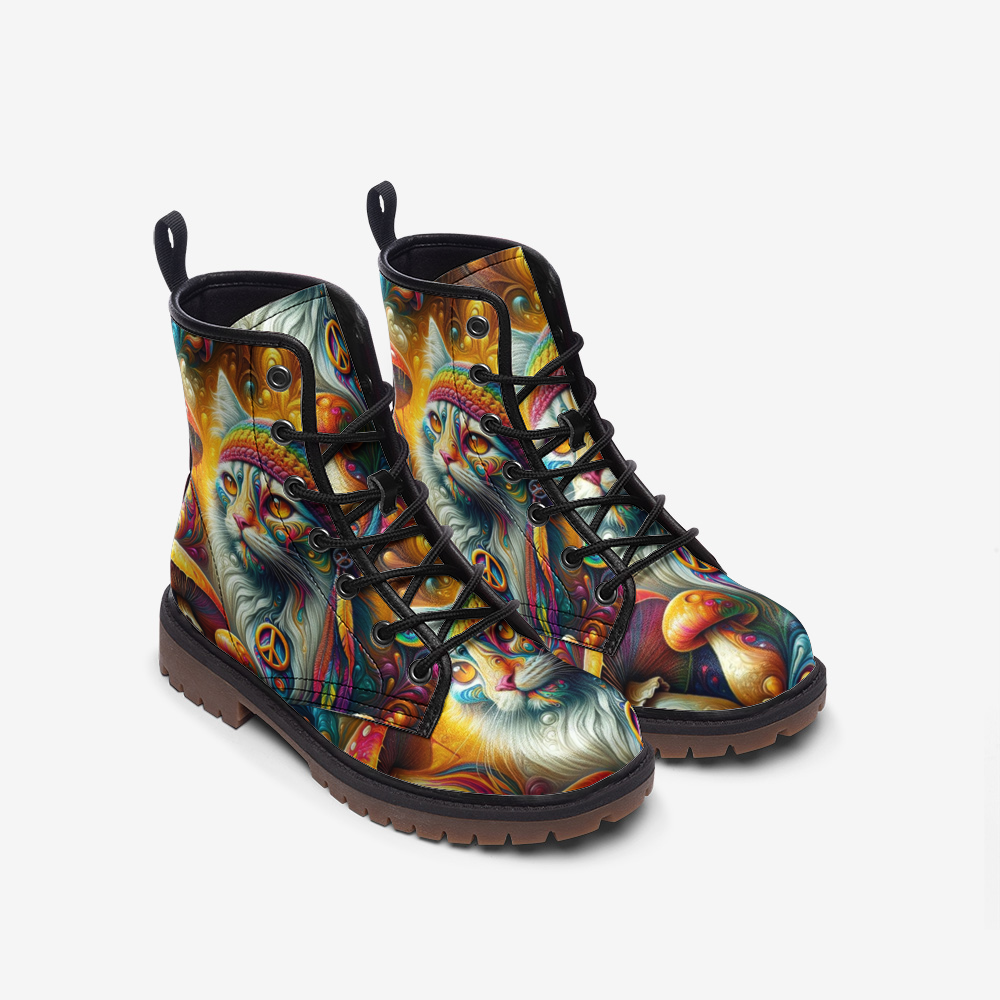 Hippie Art Zone - Hippie Cat &amp; Mushroom Vegan Leather Combat Boots